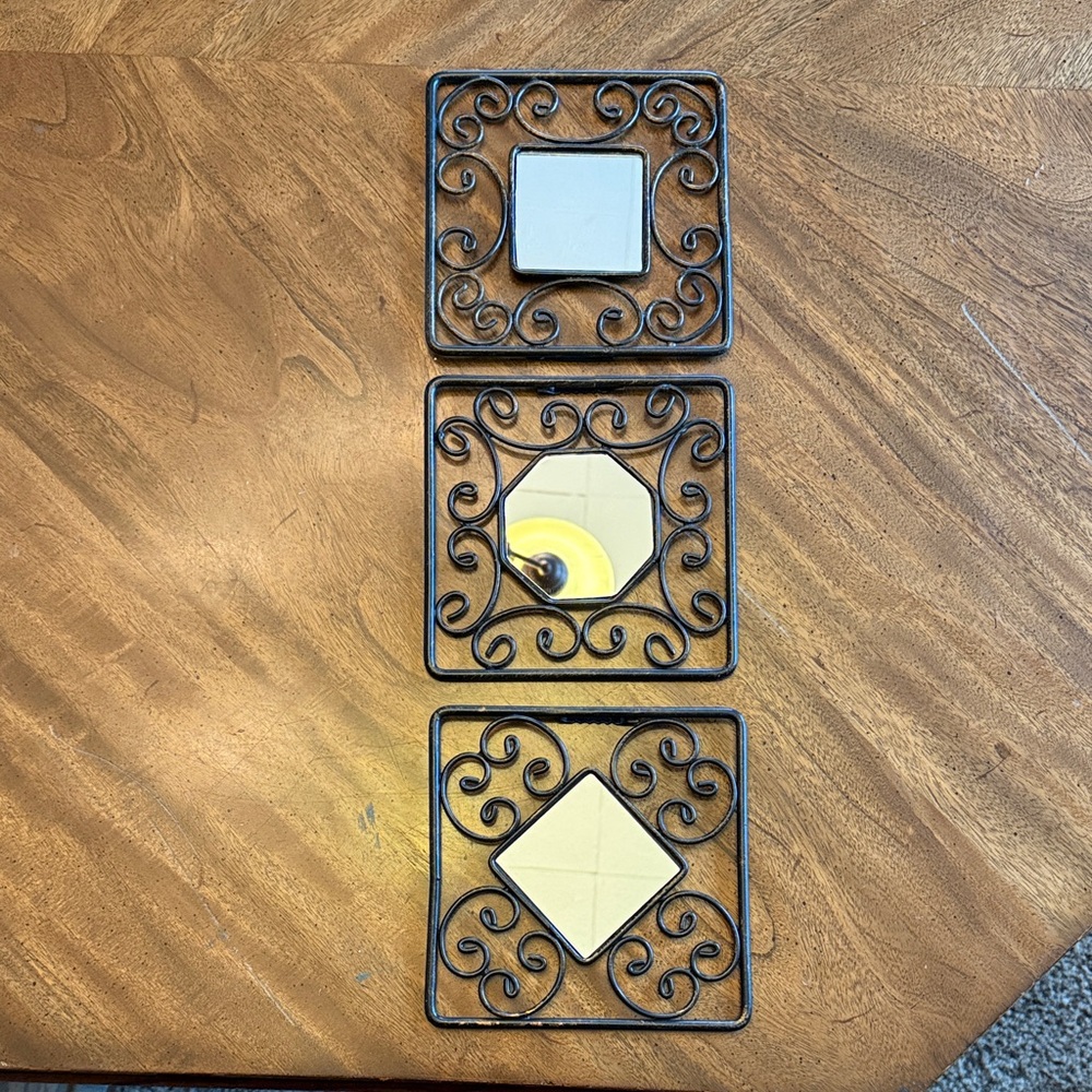 6” x 6” Black Metal Wall Decor Distressed Mirror Set of 3